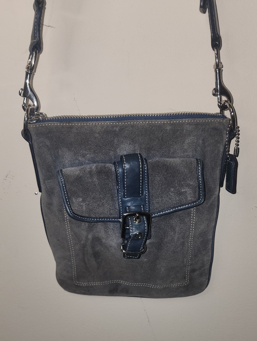 Coach Suede Crossbody Bag Buckle Gray Blue Style 4745